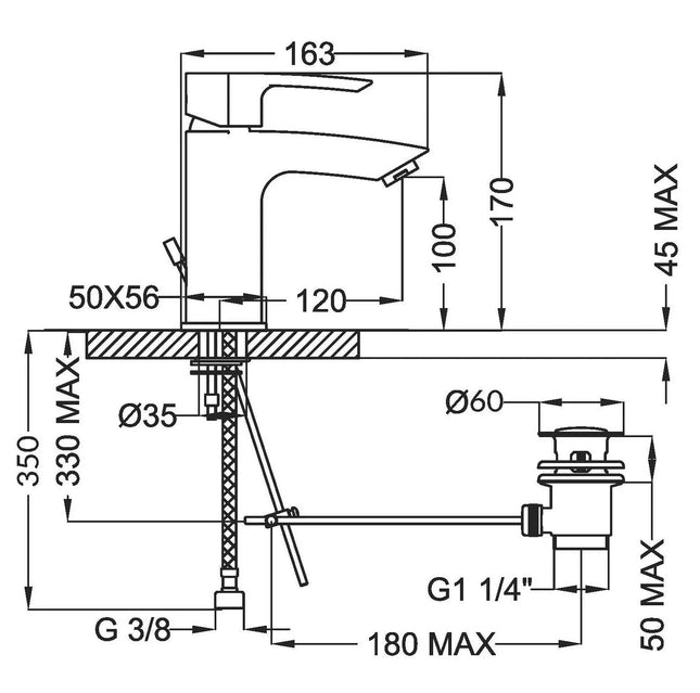 Teorema - Miscelatore lavabo Cromato con piletta a saltello da 1" 1/4- Serie: Merida