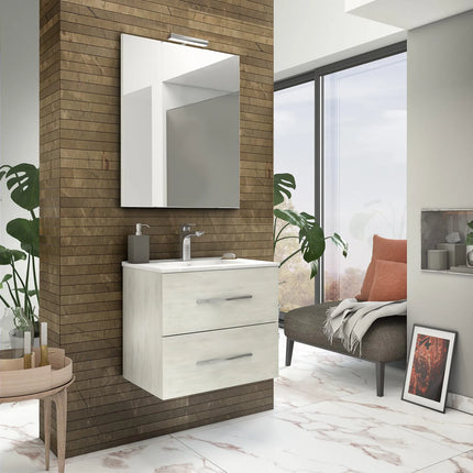 Savinidue - Mobile Sospeso In Composizione A 2 Cassetti Colore Rovere Bianco Da 60 Cm (Compreso Lavabo - Lampada - Specchiera) - Modello: Corallo