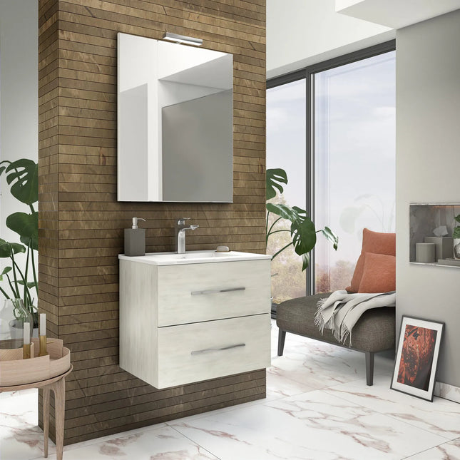 Savinidue - Mobile Sospeso In Composizione A 2 Cassetti Colore Rovere Bianco Da 60 Cm (Compreso Lavabo - Lampada - Specchiera) - Modello: Corallo