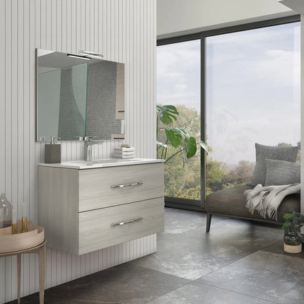 Savinidue - Mobile Sospeso In Composizione A 2 Cassetti Colore Rovere Grigio Da 60 Cm (Compreso Lavabo - Lampada - Specchiera) - Modello: Corallo