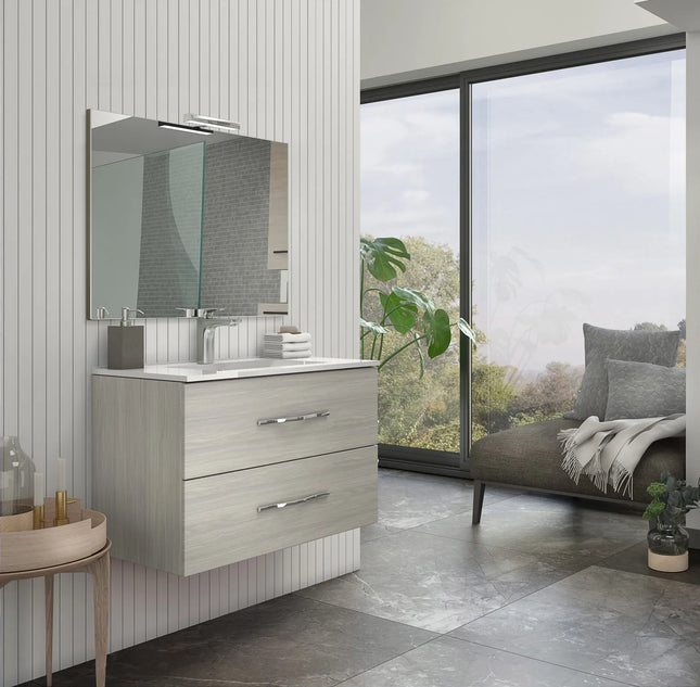 Savinidue - Mobile Sospeso In Composizione A 2 Cassetti Colore Rovere Grigio Da 60 Cm (Compreso Lavabo - Lampada - Specchiera) - Modello: Corallo