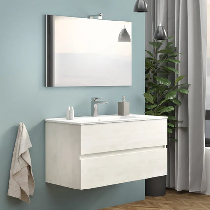 Mobile bagno sospeso 100 cm in composizione completo di lavabo in ceramica + specchio con lampada LED - Colore: Rovere bianco