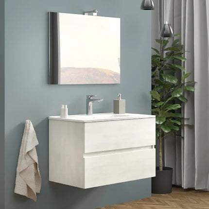 Mobile bagno sospeso 80 cm in composizione completo di lavabo in ceramica + specchio con lampada LED - Colore: Rovere bianco