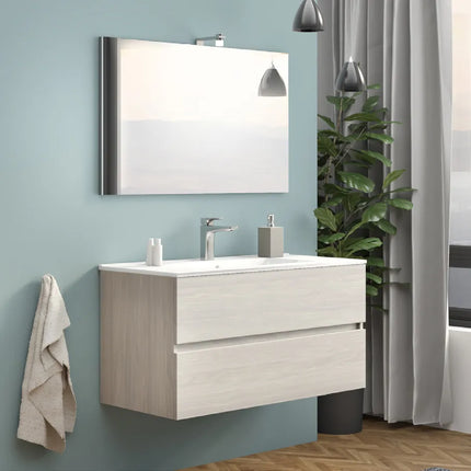 Mobile bagno sospeso 100 cm in composizione completo di lavabo in ceramica + specchio con lampada LED - Colore: Rovere grigio