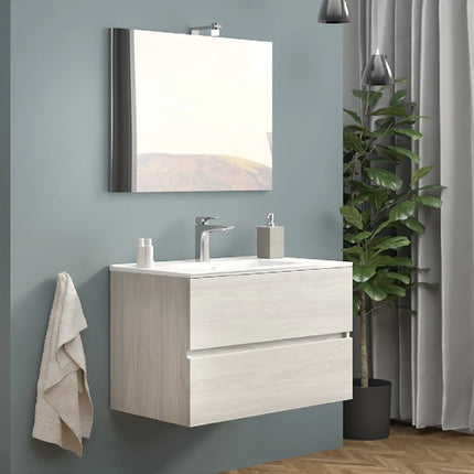 Mobile bagno sospeso 80 cm in composizione completo di lavabo in ceramica + specchio con lampada LED - Colore: Rovere grigio