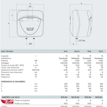 Ariston - Andris Lux Eco 10/5 Eu Scaldabagno Elettrico Sopralavello Da 10 Litri [Classe A] - Garanzia 5 Anni