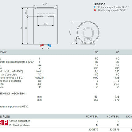 Ariston - Lydos Plus 80 Eu Scaldabagno Murale Ad Accumulo 80 Litri Con Display Led - Articolo: 3201873