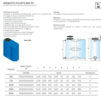 Cordivari - Serbatoio parallelepipedo in polietilene da 1000 litri per acqua potabile