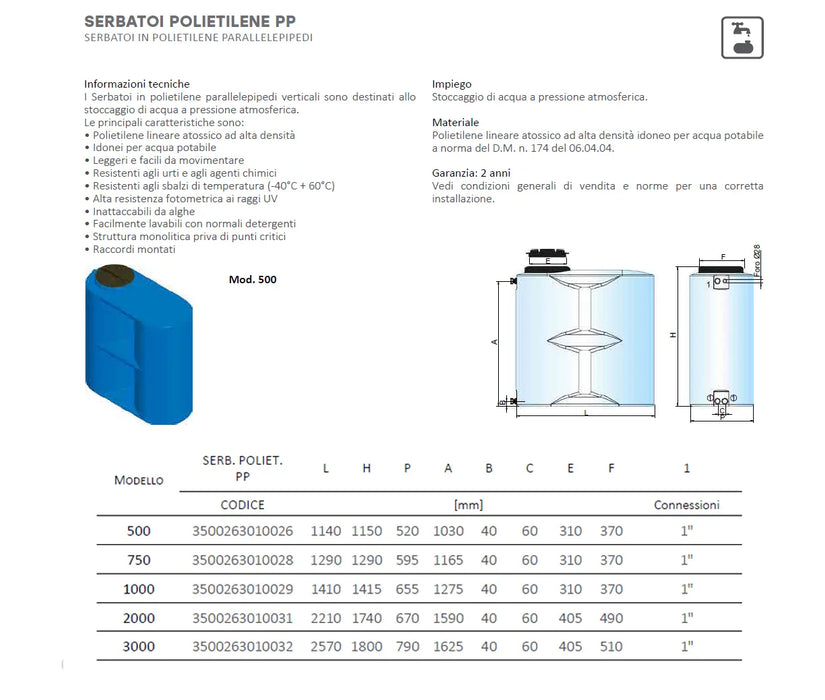 Cordivari - Serbatoio parallelepipedo in polietilene da 1000 litri per acqua potabile