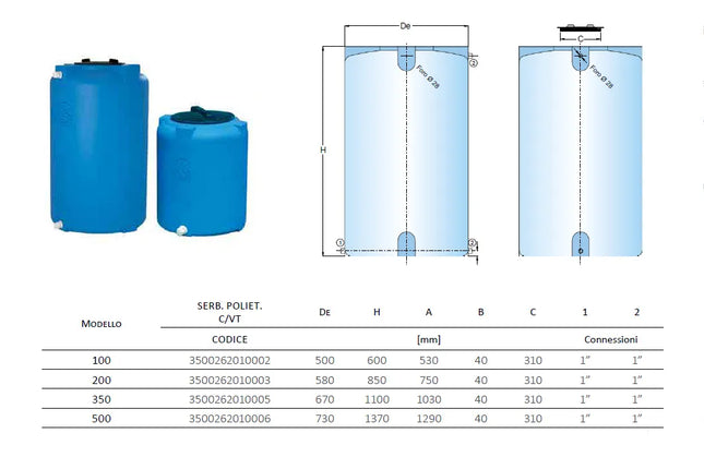 Serbatoio Acqua Potabile 500 Litri In Polietilene Con Coperchio - Diametro 100cm, Altezza 110cm Per Giardino
