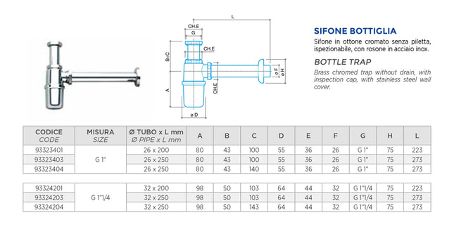 Sifone A Bottiglia 11/4" Senza Piletta - Luxor