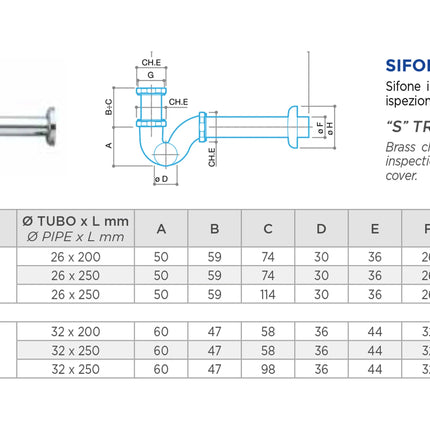 Sifone Ad Esse 11/4" Con Tappo Laterale E Senza Piletta - Luxor