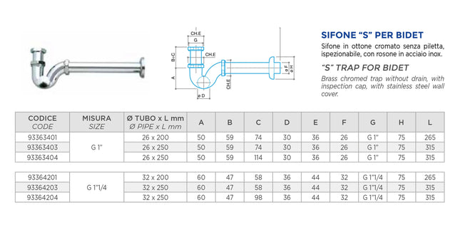 Sifone Ad Esse 11/4" Con Tappo Laterale E Senza Piletta - Luxor