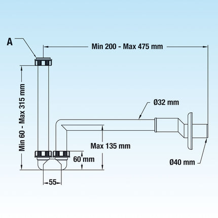 Lira - Sifone eccentrico da 1" 1/4 Ø32/40 in ABS per lavabo/bidet - Articolo: 1643.001