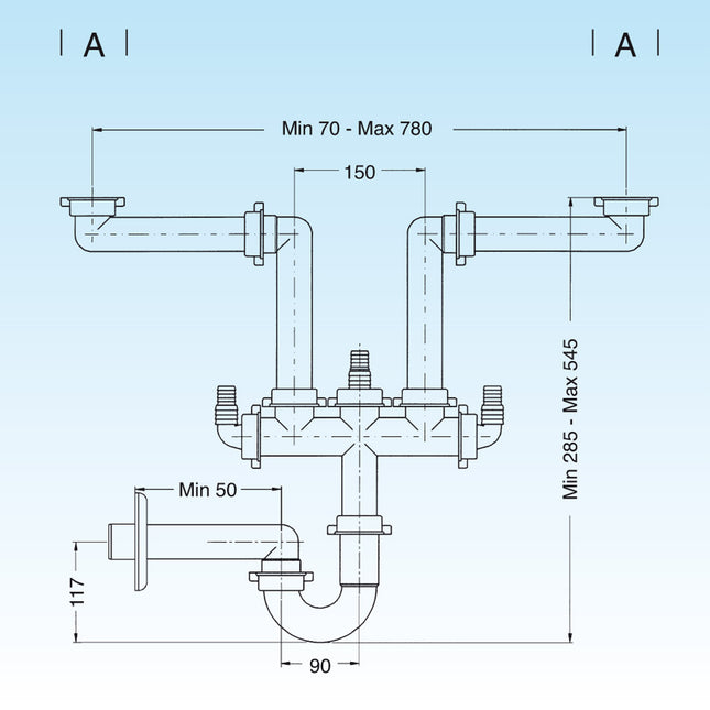 Lira - Sifone salvaspazio da 1" 1/2 Ø40 a 2 vie per lavello cucina - Articolo: 9.1275.09