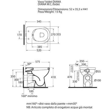 Azzurra - Vaso-Bidet Porcellana Bianco - Serie: Diana (Con Coprivaso)