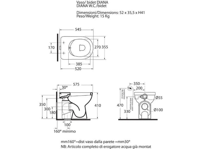 Azzurra - Vaso-Bidet Porcellana Bianco - Serie: Diana (Con Coprivaso)