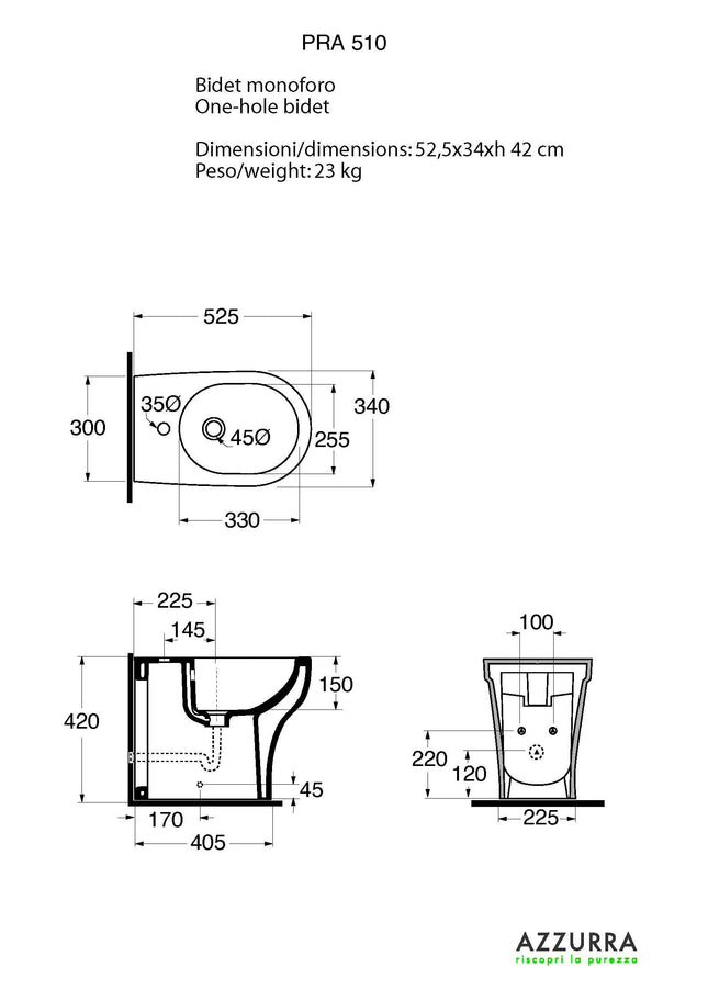 Azzurra - Bidet Filo Parete Porcellana Bianco - Serie: Pratica