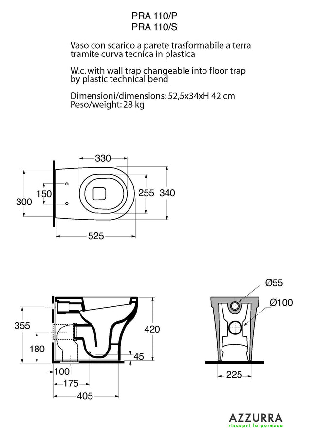 Azzurra - Vaso Filo Parete Porcellana Bianco - Serie: Pratica (Senza Coprivaso)