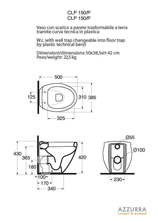Azzurra - Vaso Filo Parete Porcellana Bianco - Serie: Clas Plus (Senza Coprivaso)