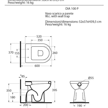 Azzurra - Vaso Scarico A Pavimento Porcellana Bianco - Serie: Diana (Senza Coprivaso)