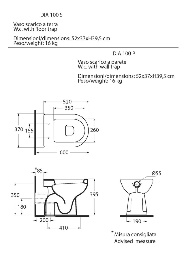 Azzurra - Vaso Scarico A Pavimento Porcellana Bianco - Serie: Diana (Senza Coprivaso)