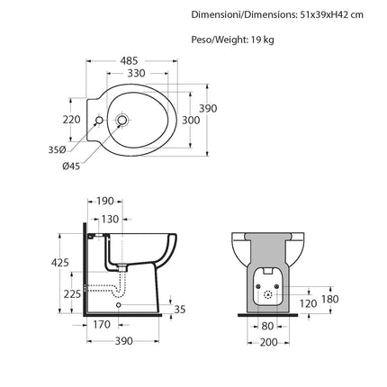 Azzurra - Bidet Filo Parete Porcellana Bianco - Serie: Full 48