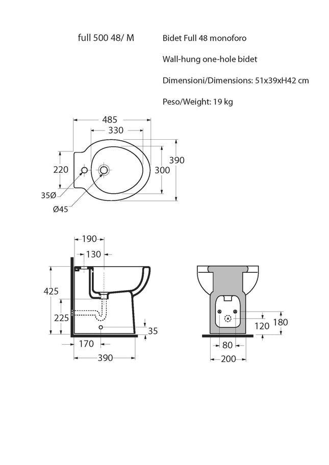 Azzurra - Bidet Filo Parete Porcellana Bianco - Serie: Full 48
