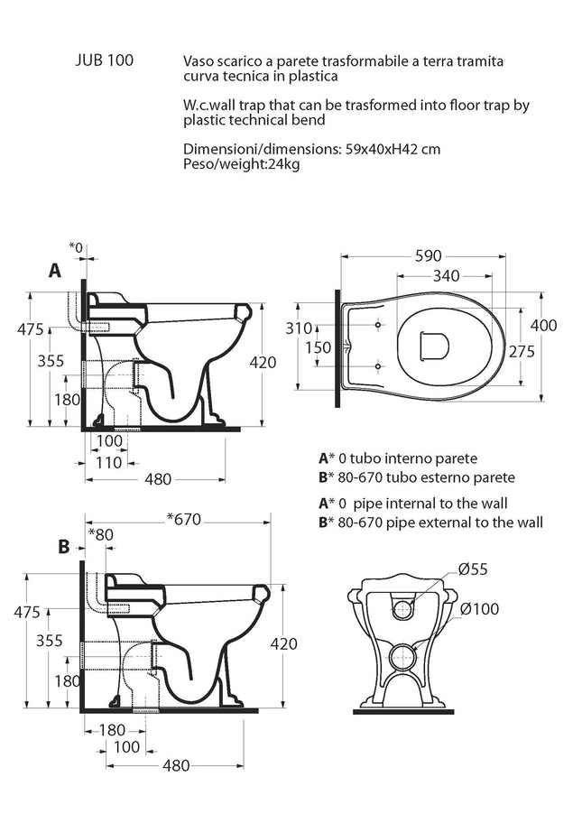 Azzurra - Vaso Scarico A Terra Porcellana Bianco - Serie: Jubilaeum (Senza Coprivaso)
