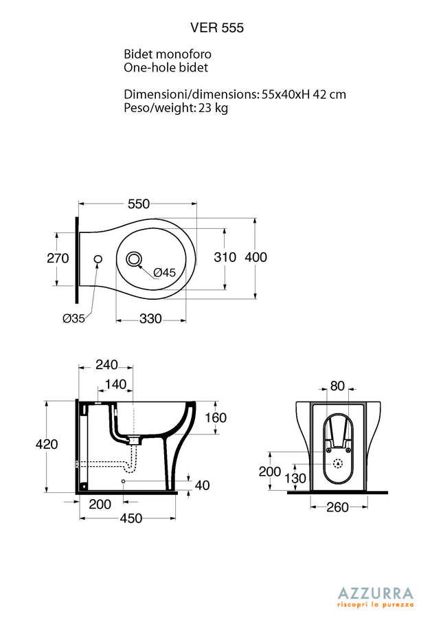 Azzurra - Bidet Filo Parete Porcellana Bianco - Serie: Vera