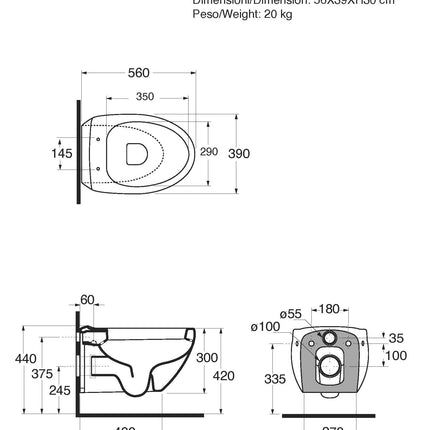 Azzurra - Vaso Sospeso Porcellana Bianco - Serie: Clas Plus (Senza Coprivaso)