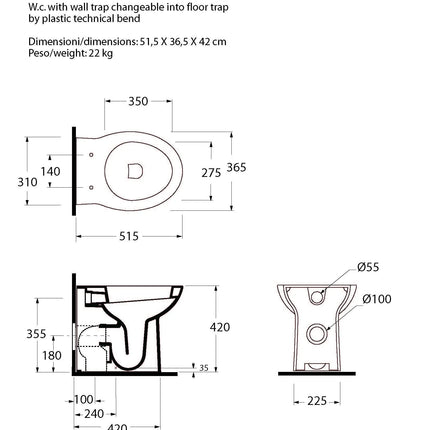 Azzurra - Vaso Filo Parete Porcellana Bianco - Serie: Fast (Senza Coprivaso)