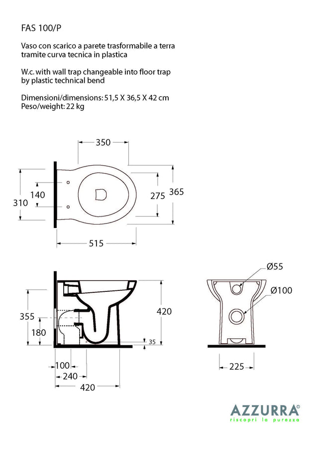 Azzurra - Vaso Filo Parete Porcellana Bianco - Serie: Fast (Senza Coprivaso)