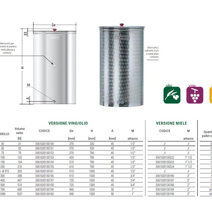 Cordivari - Vinolio Da 30 Litri Contenitore Per Vino E Olio In Acciaio Inox 18/10 Per Alimenti (Galleggiante Escluso)
