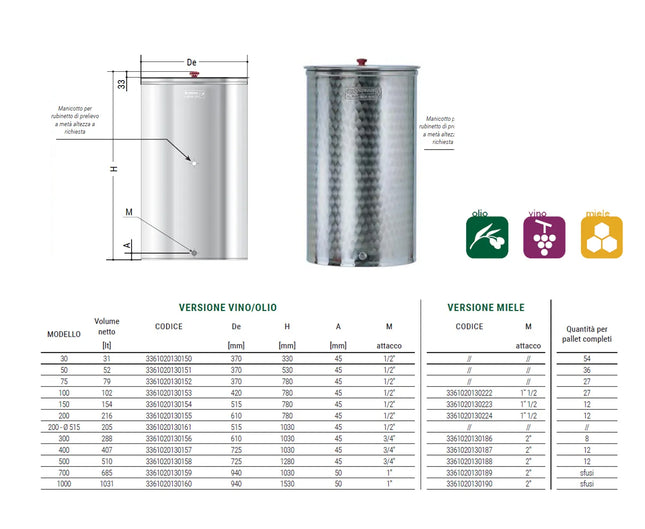 Cordivari - Vinolio Da 50 Litri Contenitore Per Vino E Olio In Acciaio Inox 18/10 Per Alimenti (Galleggiante Escluso)
