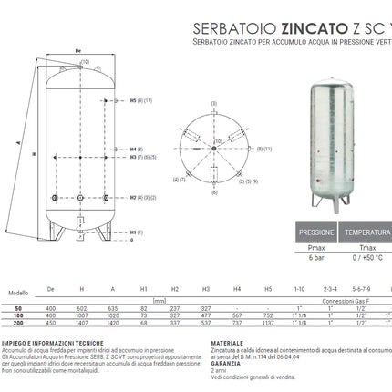Cordivari - Serbatoio zincato verticale per autoclave da 200 litri per accumulo acqua in pressione senza membrana - Non omologato