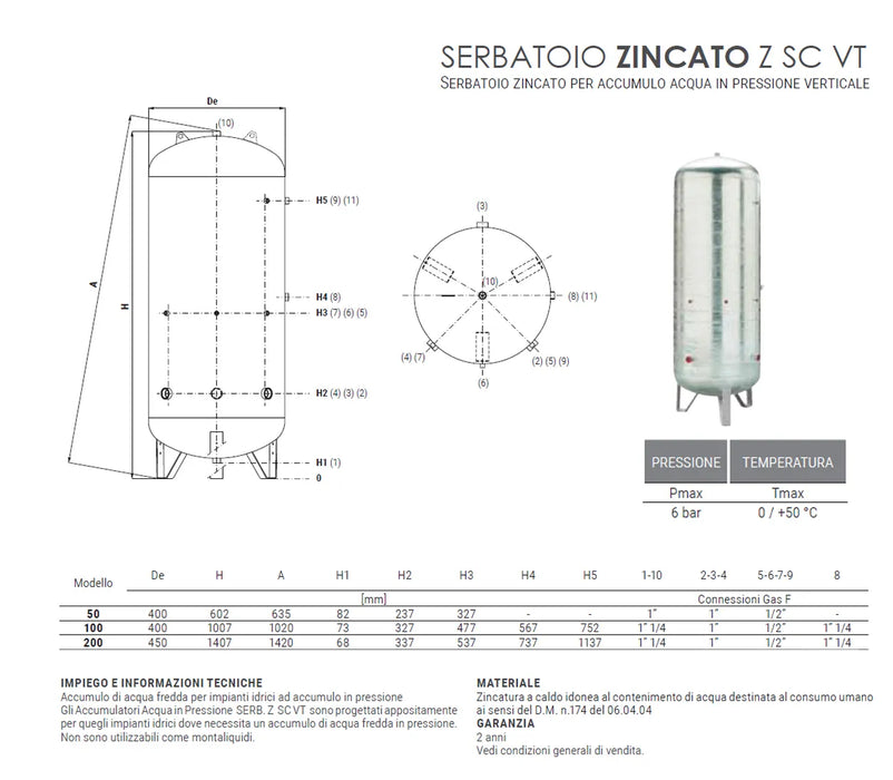 Cordivari - Serbatoio zincato verticale per autoclave da 200 litri per accumulo acqua in pressione senza membrana - Non omologato